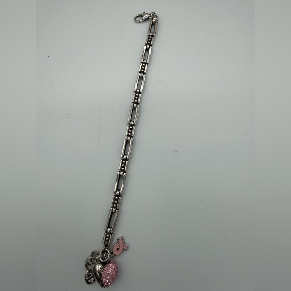 BRIGHTON Pink Ribbon Breast Cancer Awareness Charm Bracelet Silver Crystal Heart - Picture 5 of 7